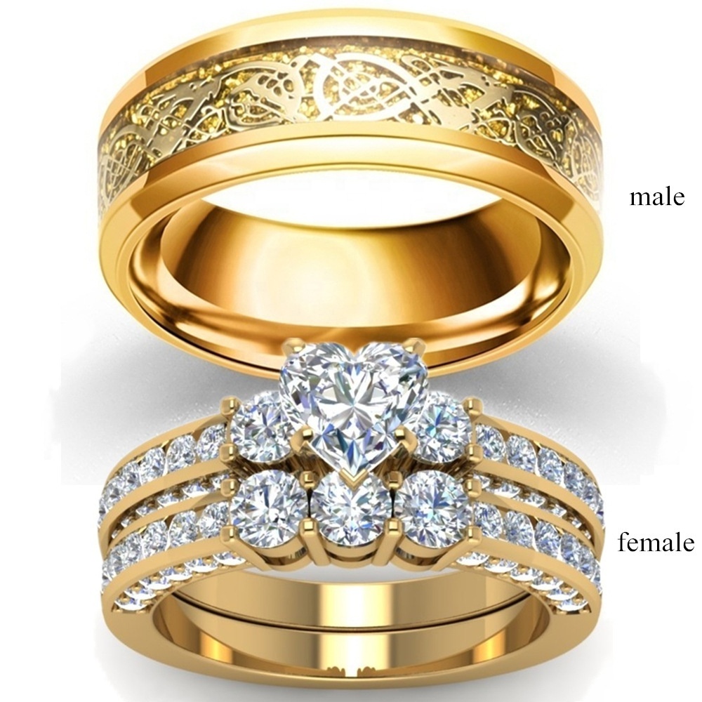 Fashion Gold Plated Crystal Square Cubic Zirconia Wedding Rings Stainless Steel Couple Ring Set