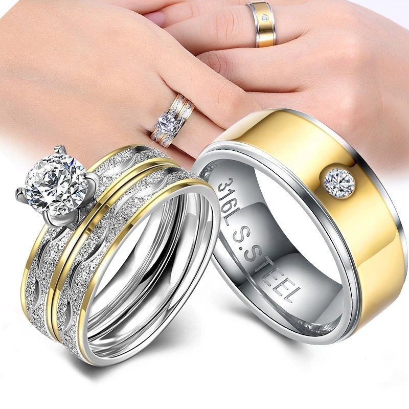 Fashion Gold Plated Crystal Square Cubic Zirconia Wedding Rings Stainless Steel Couple Ring Set