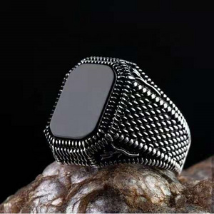 Wholesale Hot Sale Retro Natural Agate Turkish Man Ring Black Square Signet Ring For Man