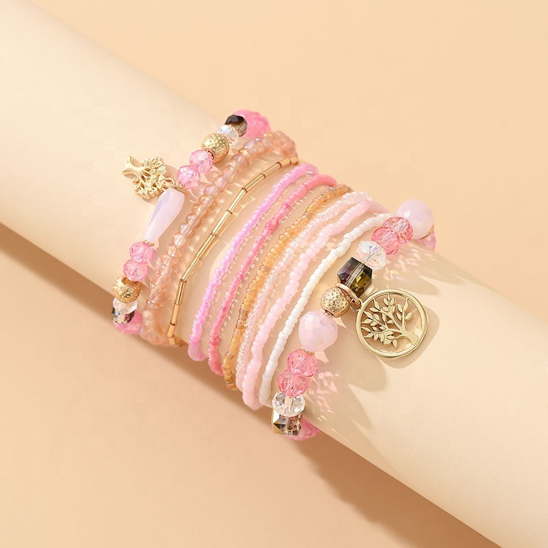 Fashion Pink Stacked Mix Match Personality Natural Stone Crystal Bracelets Tree Of Life Shape Pendant jewelry