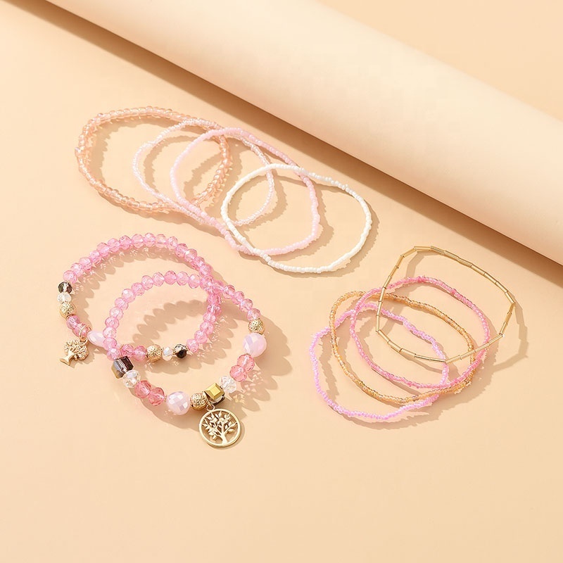 Fashion Pink Stacked Mix Match Personality Natural Stone Crystal Bracelets Tree Of Life Shape Pendant jewelry