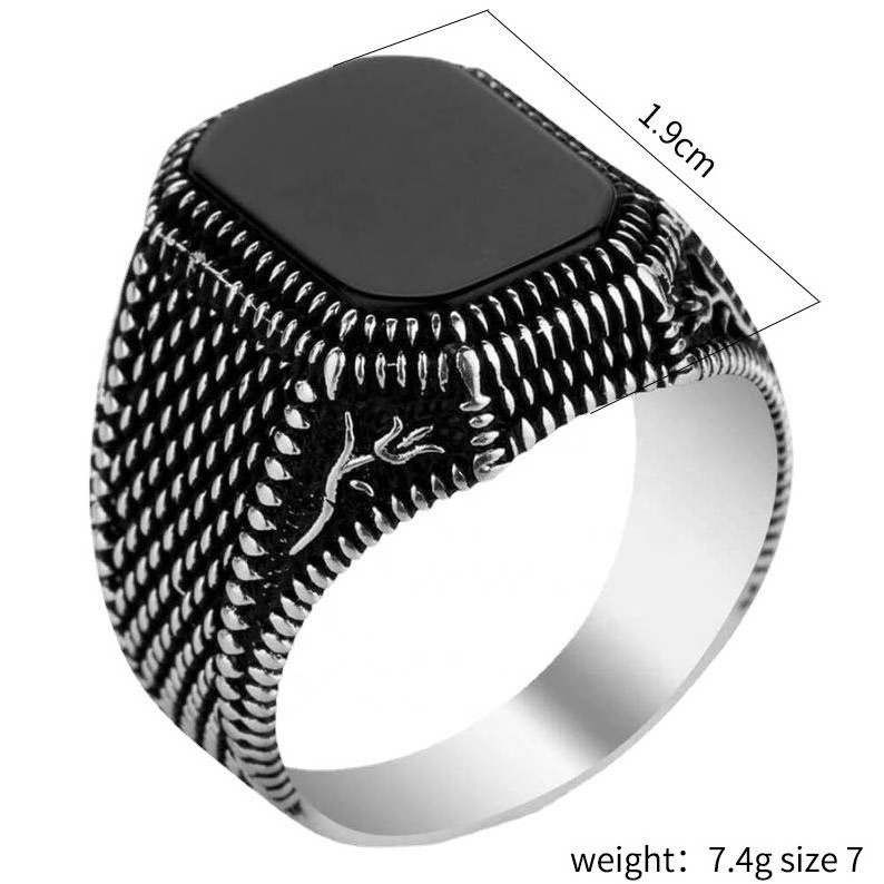 Wholesale Hot Sale Retro Natural Agate Turkish Man Ring Black Square Signet Ring For Man