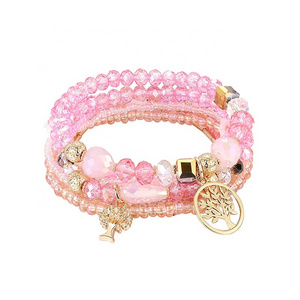 Fashion Pink Stacked Mix Match Personality Natural Stone Crystal Bracelets Tree Of Life Shape Pendant jewelry