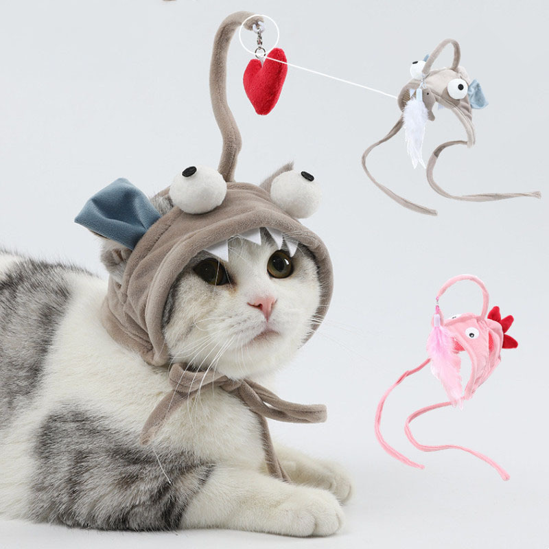 Hot Sale Cat Toys Kitten Fishing Head Wearing Funny Cat Teaser Stick Toy Hat Play Toys Cat Pet Accessories