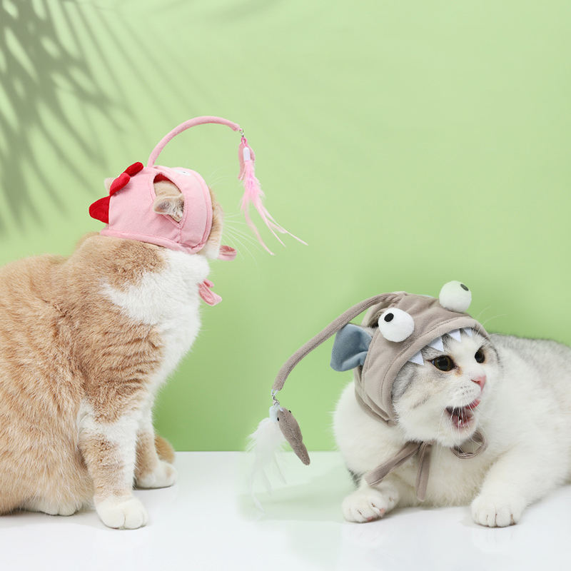 Hot Sale Cat Toys Kitten Fishing Head Wearing Funny Cat Teaser Stick Toy Hat Play Toys Cat Pet Accessories