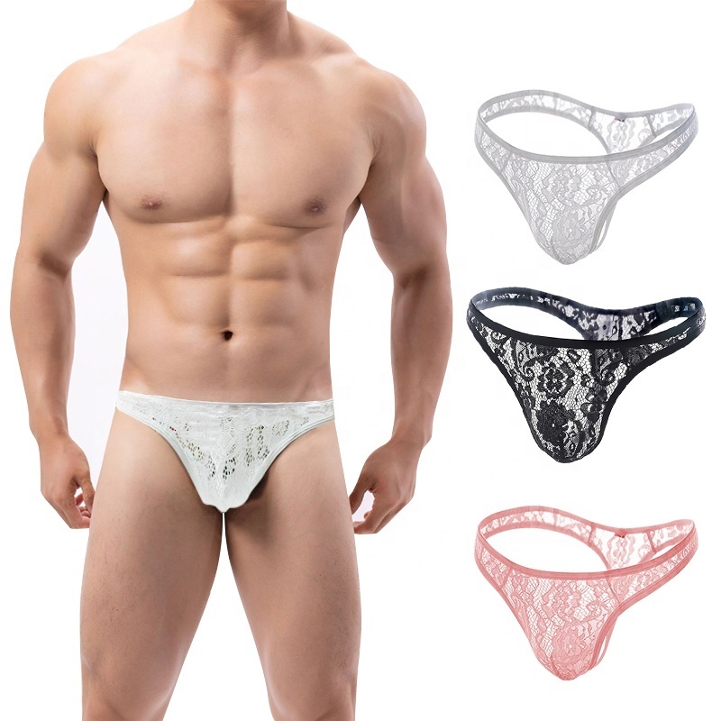 Wholesale See Through Transparent Mesh Male Panties Breathable G-string Thong Lace Gay Man Briefs Mens Sexy Underwear