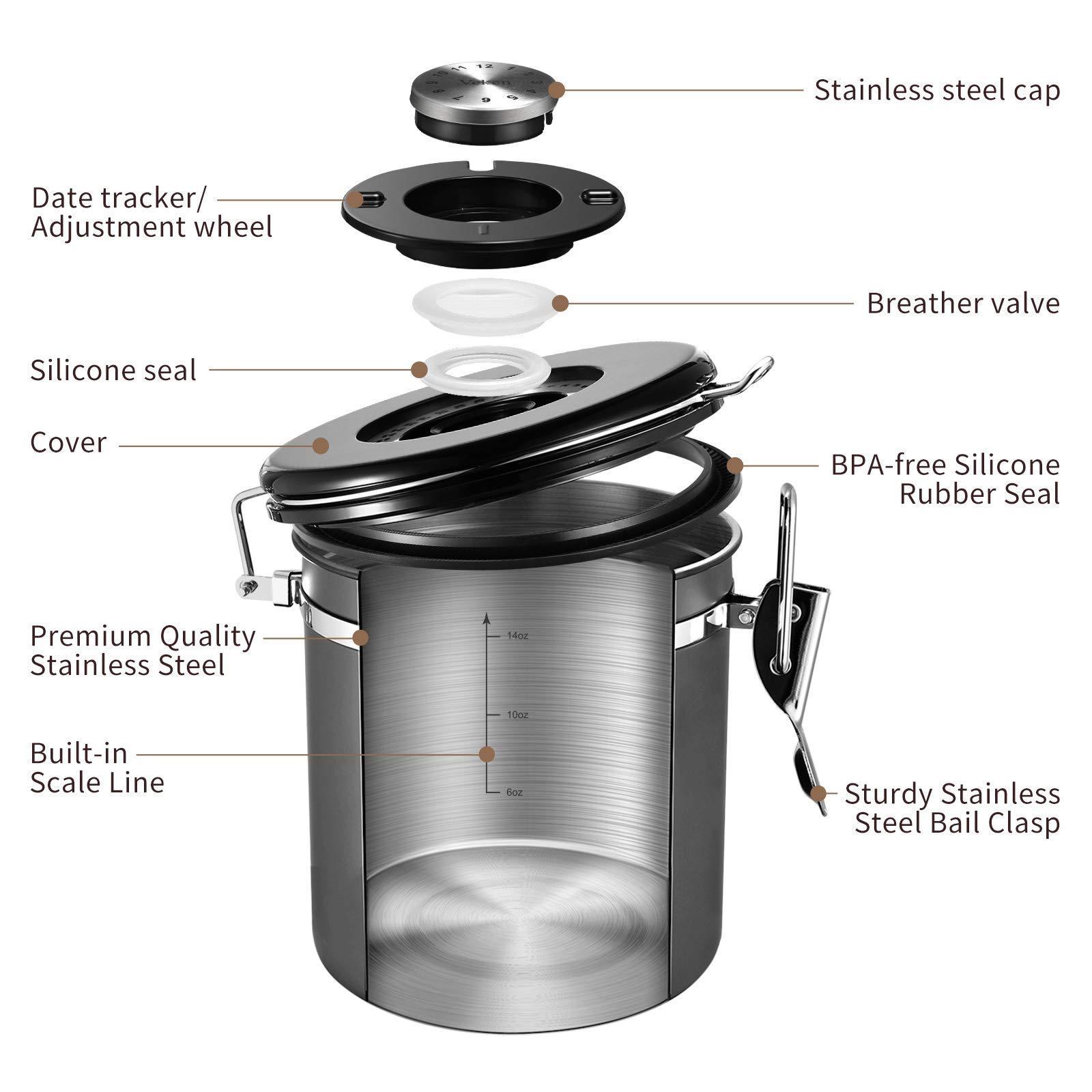 Stainless Steel Kitchen Food Storage Coffee Bean Powder Container Airtight Coffee Canister with Date Tracker and Scoop