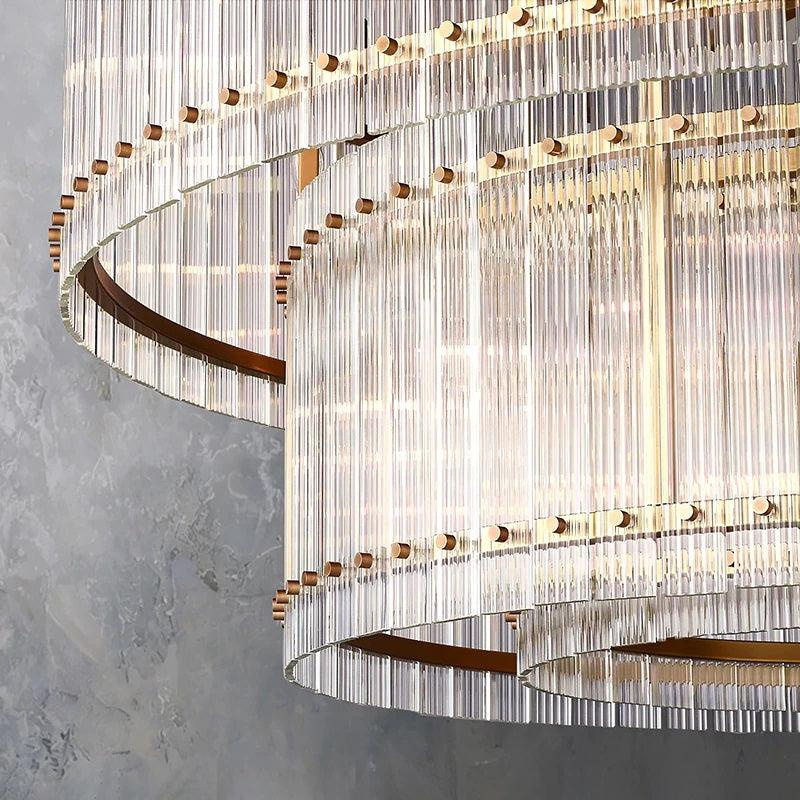 Modern Round Double Layer Luxury Clear Fluted Glass Chandelier Villa Living Room Restaurant Fashion Cafe Pendant Lamp