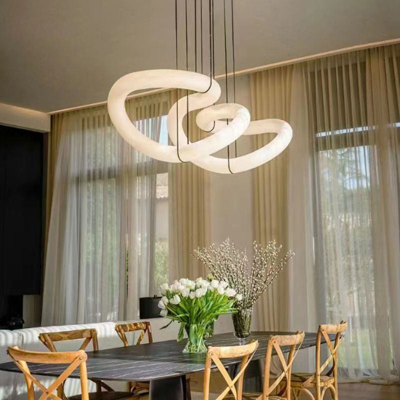 Modern White Weird Shape Spanish Alabaster Leather Ropes Chandelier Indoor Dining Room Decoration Art Marble Pendant Light