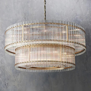 Modern Round Double Layer Luxury Clear Fluted Glass Chandelier Villa Living Room Restaurant Fashion Cafe Pendant Lamp