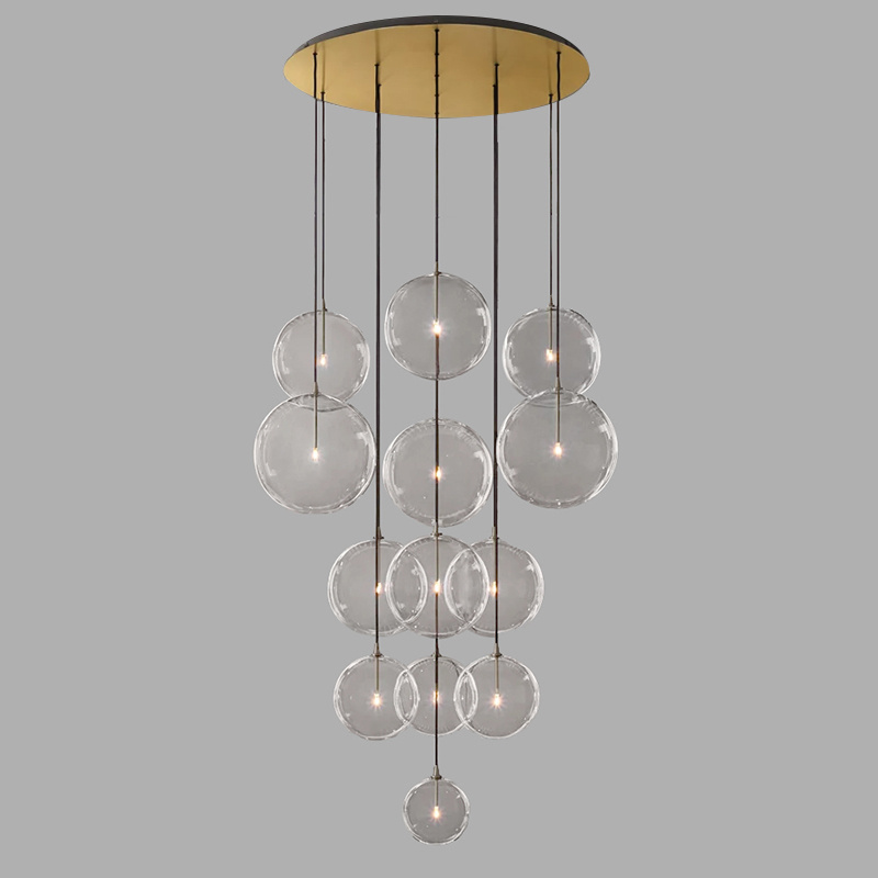 Modern Clear Lustre Glass Globe Cluster Brass Chrome Chandelier Duplex Villa Living Room Staircase Lamp Circular Pendant Light