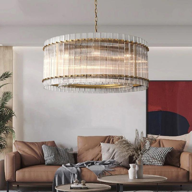 Modern Round Double Layer Luxury Clear Fluted Glass Chandelier Villa Living Room Restaurant Fashion Cafe Pendant Lamp