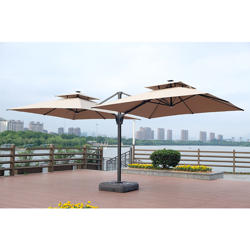 Zhongshi double heads heavy duty patio umbrella restaurant large garden umbrella outdoor umbrellas with led light