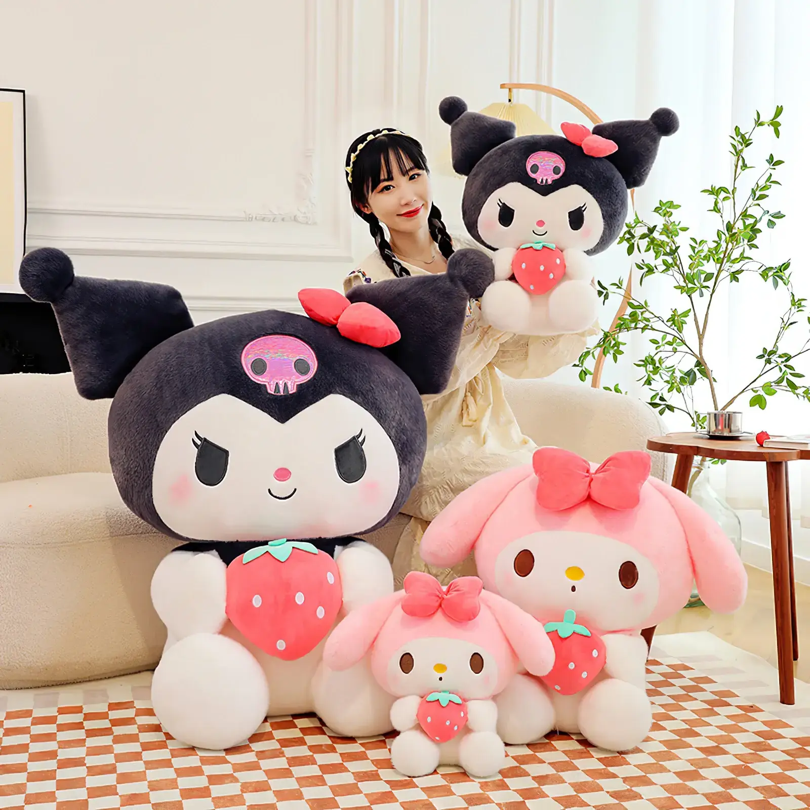 60cm Cute Sanrios Kuromi Plush Toy Kawaii Strawberry My Melody Plushies Soft Stuffed Doll Little Devil Pillow Cushion Girls Gift