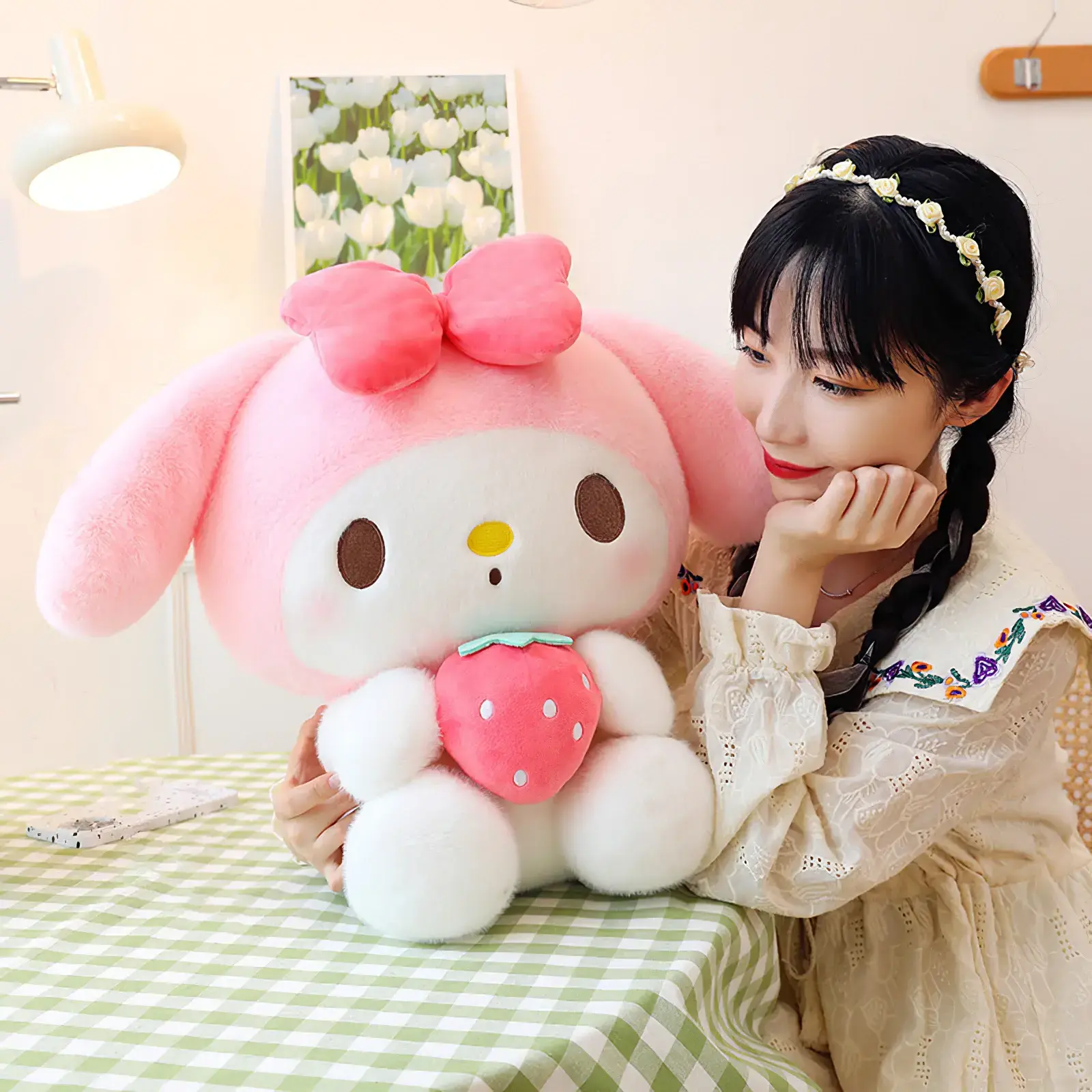 60cm Cute Sanrios Kuromi Plush Toy Kawaii Strawberry My Melody Plushies Soft Stuffed Doll Little Devil Pillow Cushion Girls Gift