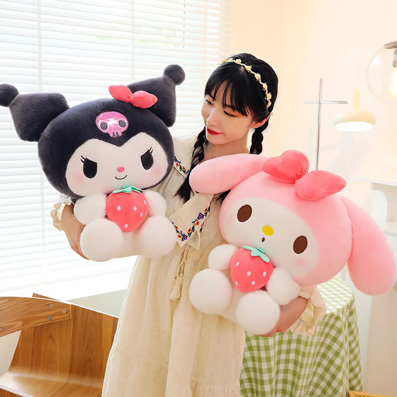 60cm Cute Sanrios Kuromi Plush Toy Kawaii Strawberry My Melody Plushies Soft Stuffed Doll Little Devil Pillow Cushion Girls Gift