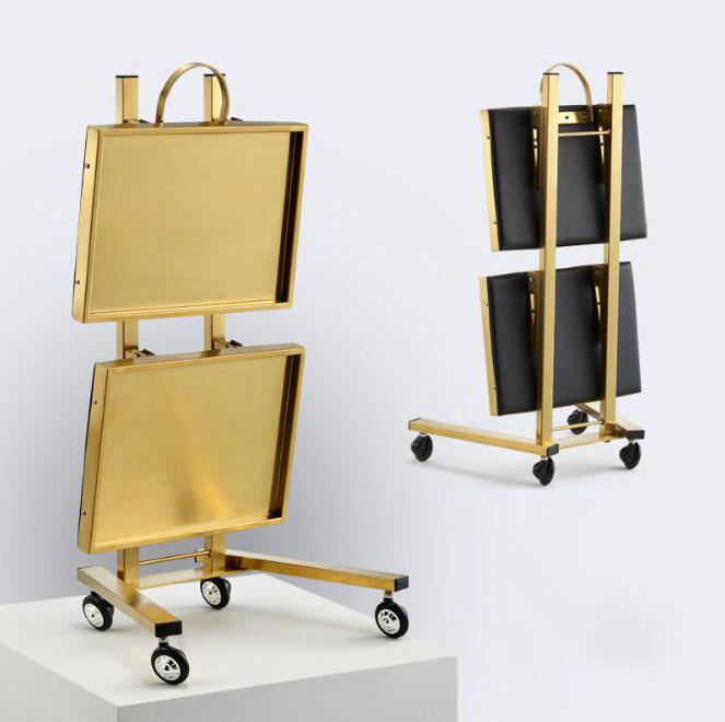 Hot sale beauty gold salon cart folding portable stainless steel frame salon trolley hairdressing with 4 wheels