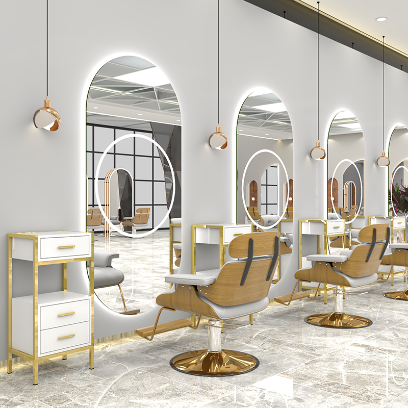 Luxury gold oval barber mirror stations hairdressing salon mirror barber unit station with led light