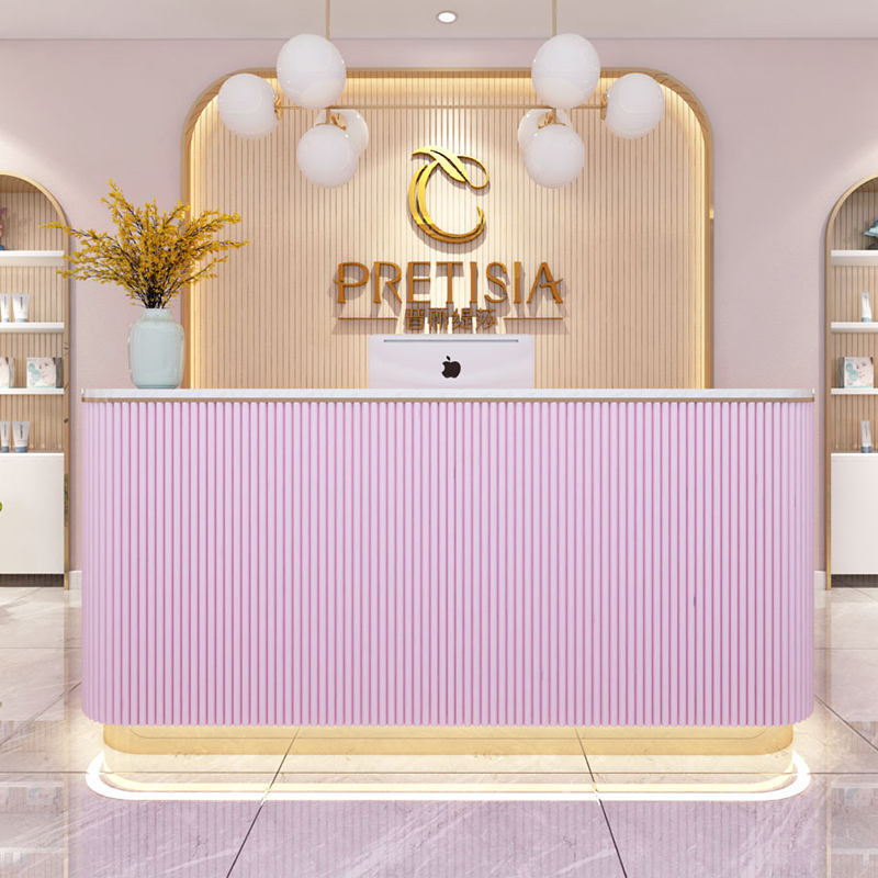 Modern simple beauty salon shop wooden reception desk counter customized pink front desk with led light