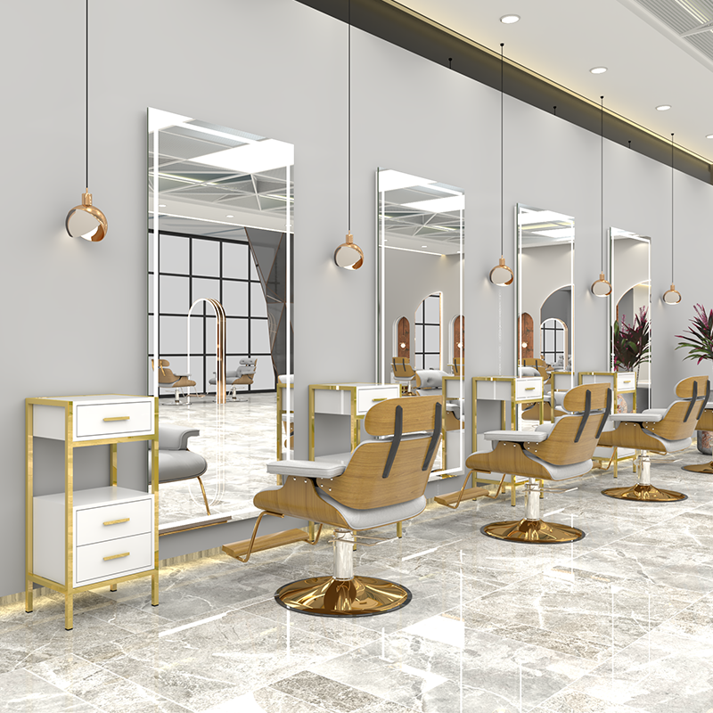 Luxury gold oval barber mirror stations hairdressing salon mirror barber unit station with led light