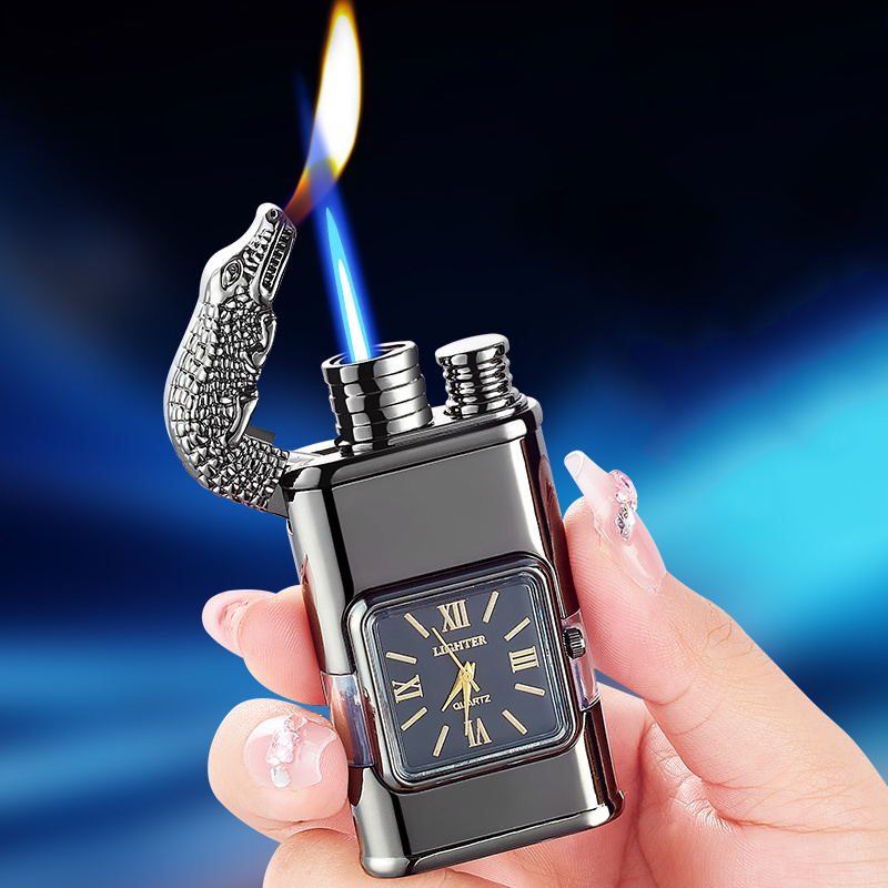 HF618 New Fashion Multi-function Smoking Accessories Clock Lighter Crocodile Switchable Flame Cigarette Cigar Torch Lighters