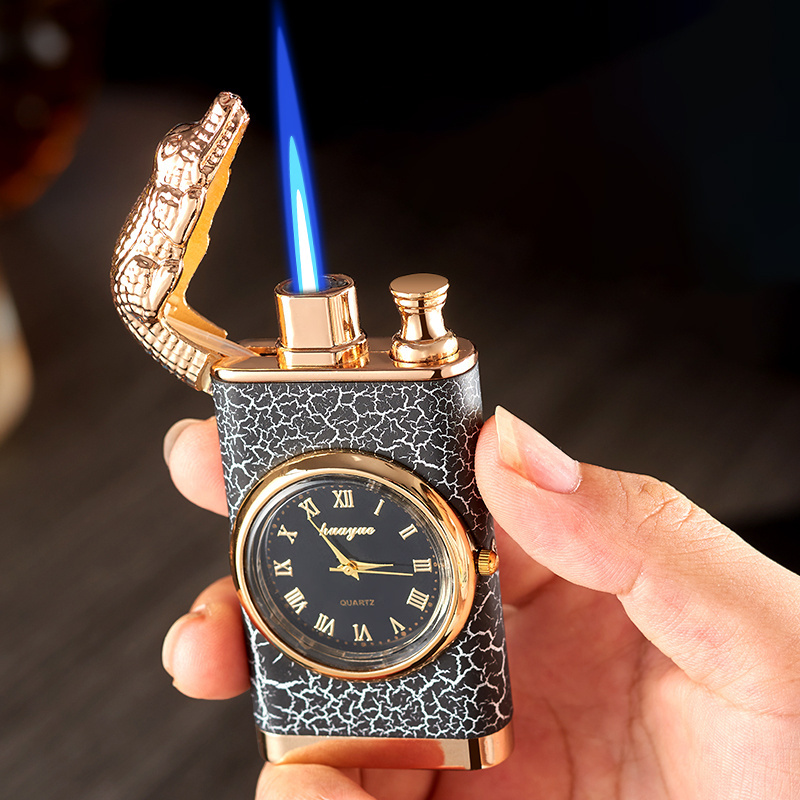 Gas Lighter Classic Crocodile Smoking Accessories Smoker Gifts Cigarette Cigar Clock Metal Lighters