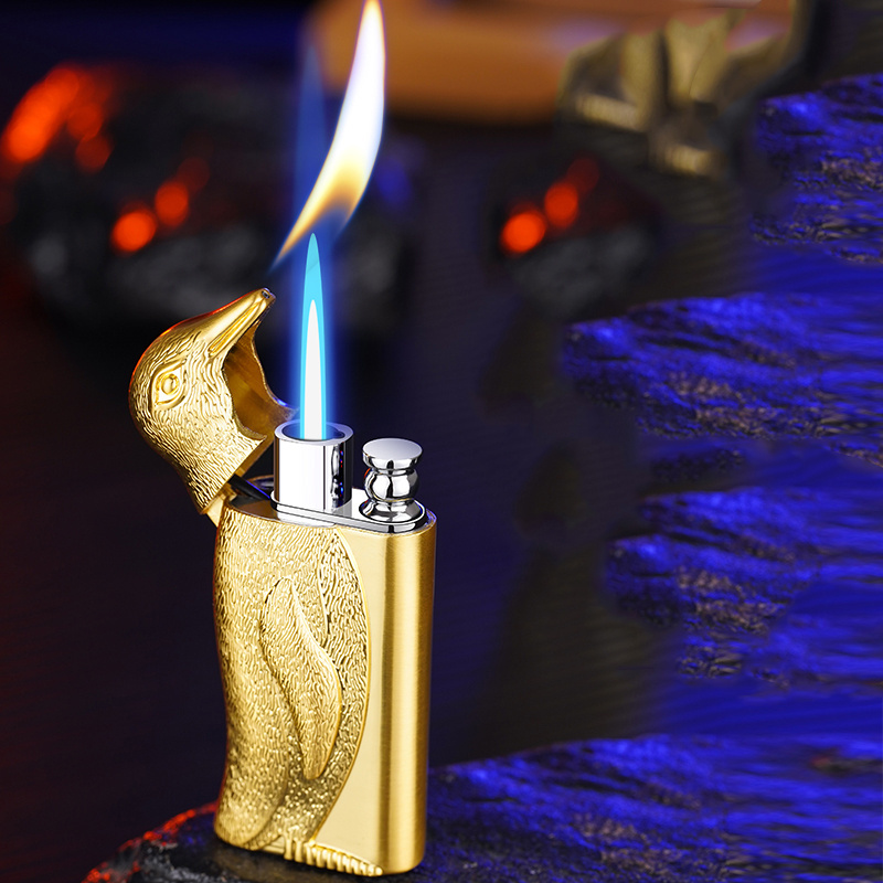 HB909 Double fire direct conversion open flame inflatable lighter metal three-dimensional relief Penguin men's lighter