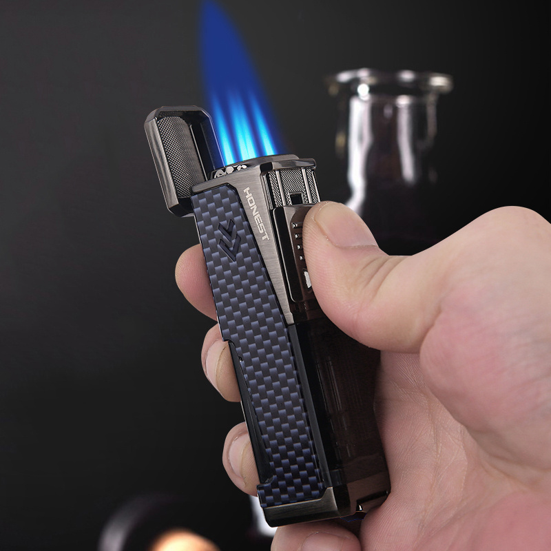 Honest metal inflatable four straight flush cigar lighter flamethrower boutique blue fire multi-function cigarette gift