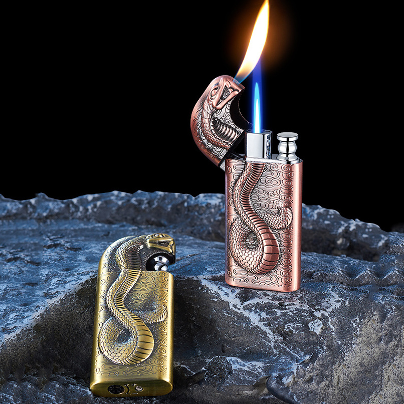 HB909 Double fire direct conversion open flame inflatable lighter metal three-dimensional relief Snake men's lighter