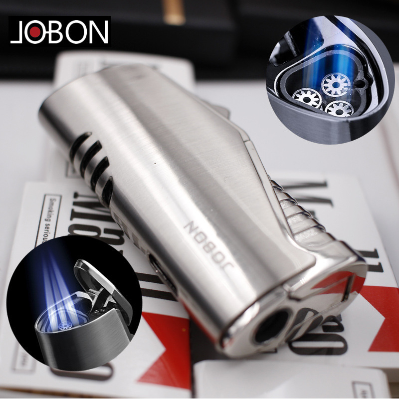 2022 New Arrivals Jobon Brand Cigarette Triple Jet Lighters CUSTOM LOGO Windproof Flame Portable Butane Metal Cigar Lighter