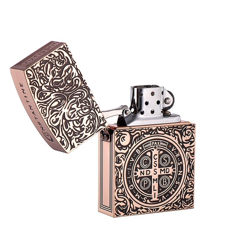 ZORRO Classical Metal Kerosene Lighter Large Size Christian Cross Carved Bible Shape Constantine Retro Flint Cigarette Lighters