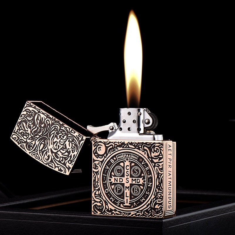 ZORRO Classical Metal Kerosene Lighter Large Size Christian Cross Carved Bible Shape Constantine Retro Flint Cigarette Lighters