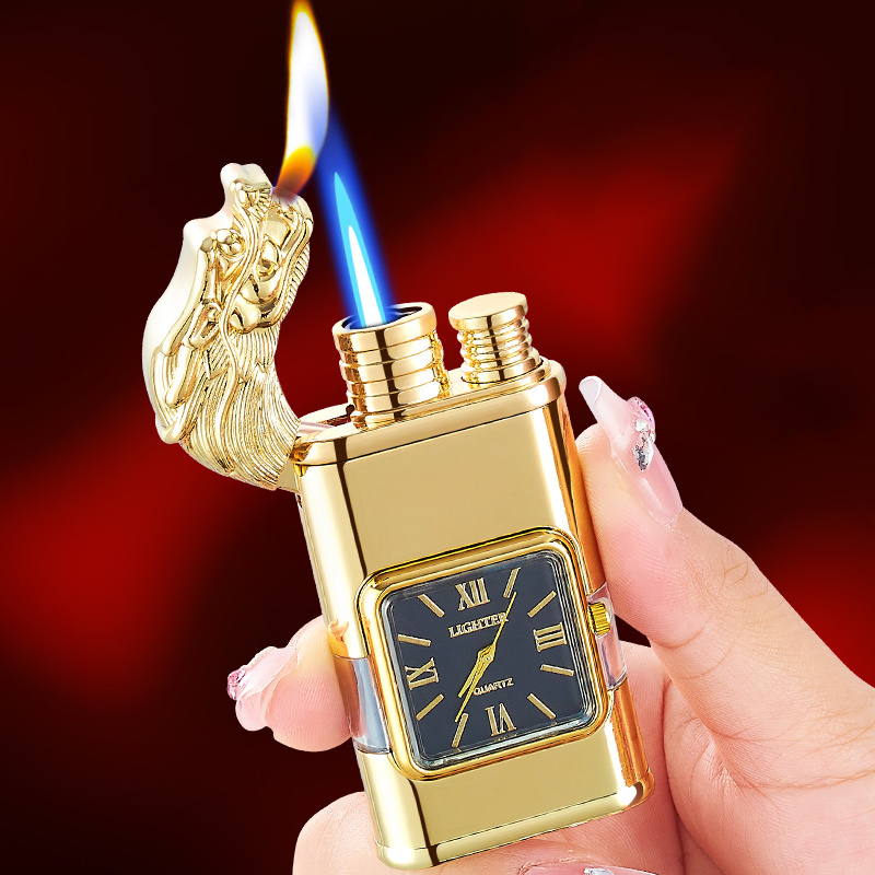 HF618 New Fashion Multi-function Smoking Accessories Clock Lighter Dragon Switchable Flame Cigarette Cigar Torch Lighters