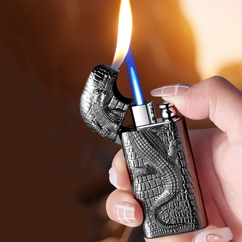 HB909 Double fire direct conversion open flame inflatable lighter metal three-dimensional relief Crocodile men's lighter