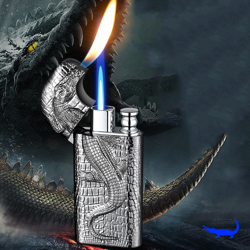 HB909 Double fire direct conversion open flame inflatable lighter metal three-dimensional relief Crocodile men's lighter