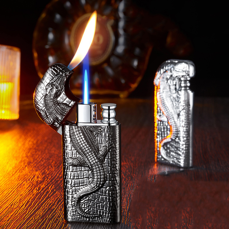 HB909 Double fire direct conversion open flame inflatable lighter metal three-dimensional relief Crocodile men's lighter