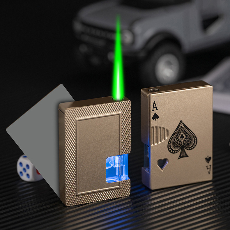 Wholesale Creative Design Single Flame Jet Lighter Poker Playing Card Green Fire Visible Gas Tank With Light Cigar Lighters