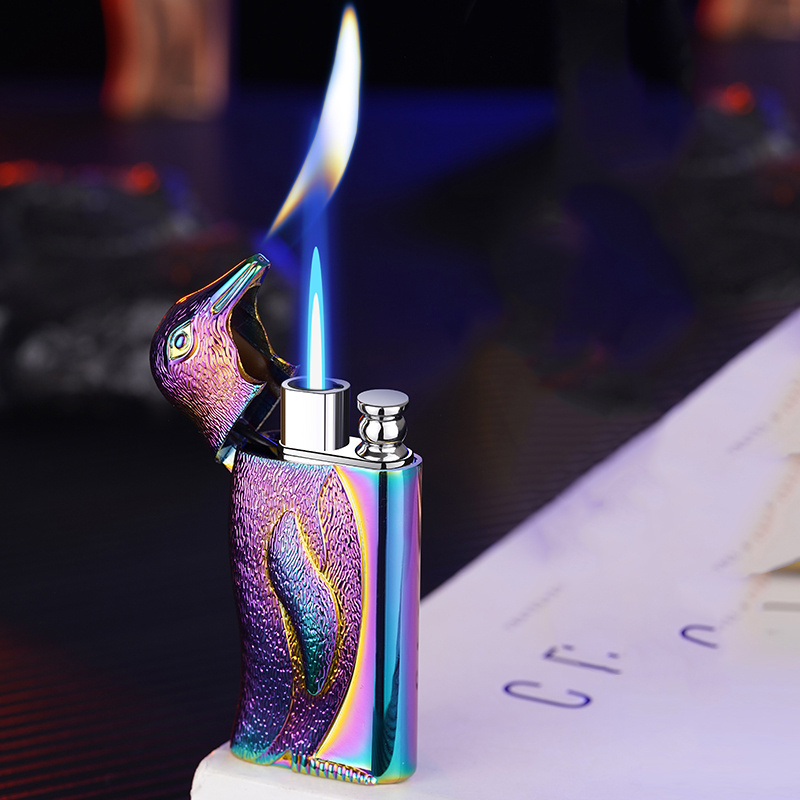 HB909 Double fire direct conversion open flame inflatable lighter metal three-dimensional relief Penguin men's lighter