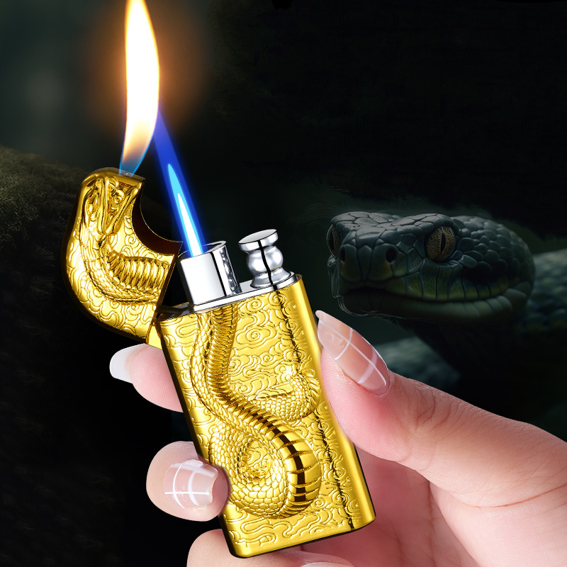 HB909 Double fire direct conversion open flame inflatable lighter metal three-dimensional relief Snake men's lighter