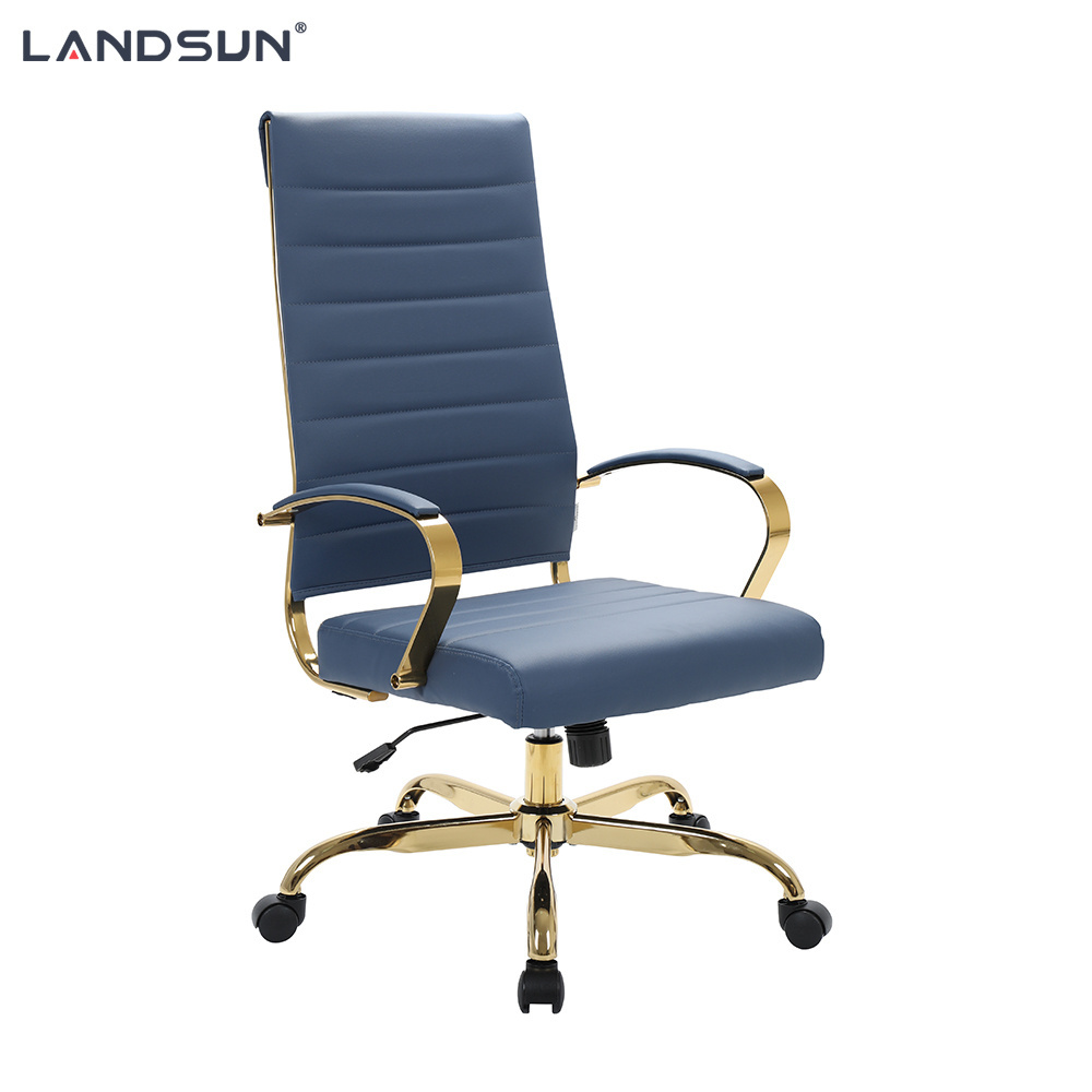 Navy Blue PU Leather Executive Chair Furniture Golden Chromed Metal Frame Swivel Office Chair