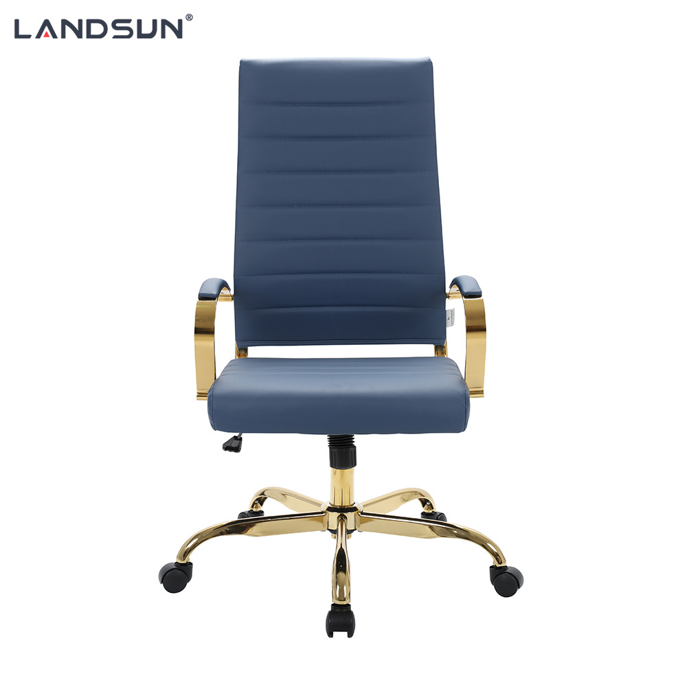 Navy Blue PU Leather Executive Chair Furniture Golden Chromed Metal Frame Swivel Office Chair