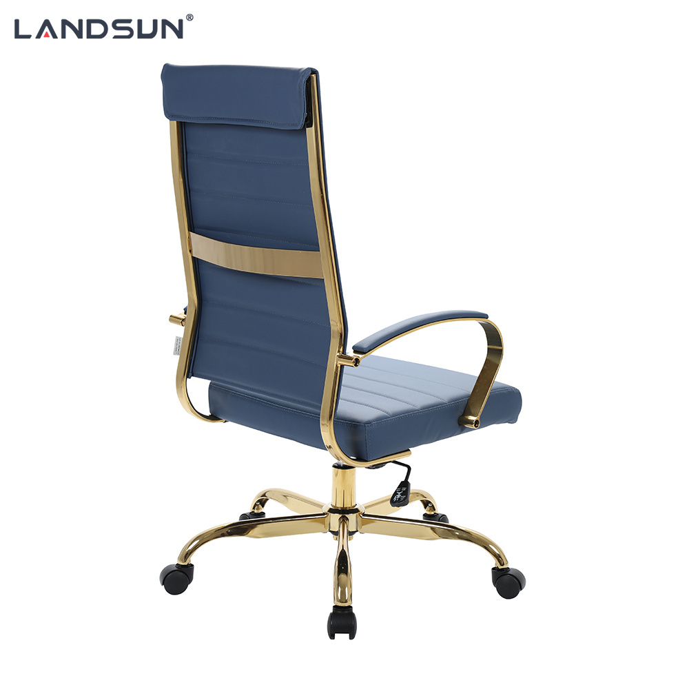 Navy Blue PU Leather Executive Chair Furniture Golden Chromed Metal Frame Swivel Office Chair