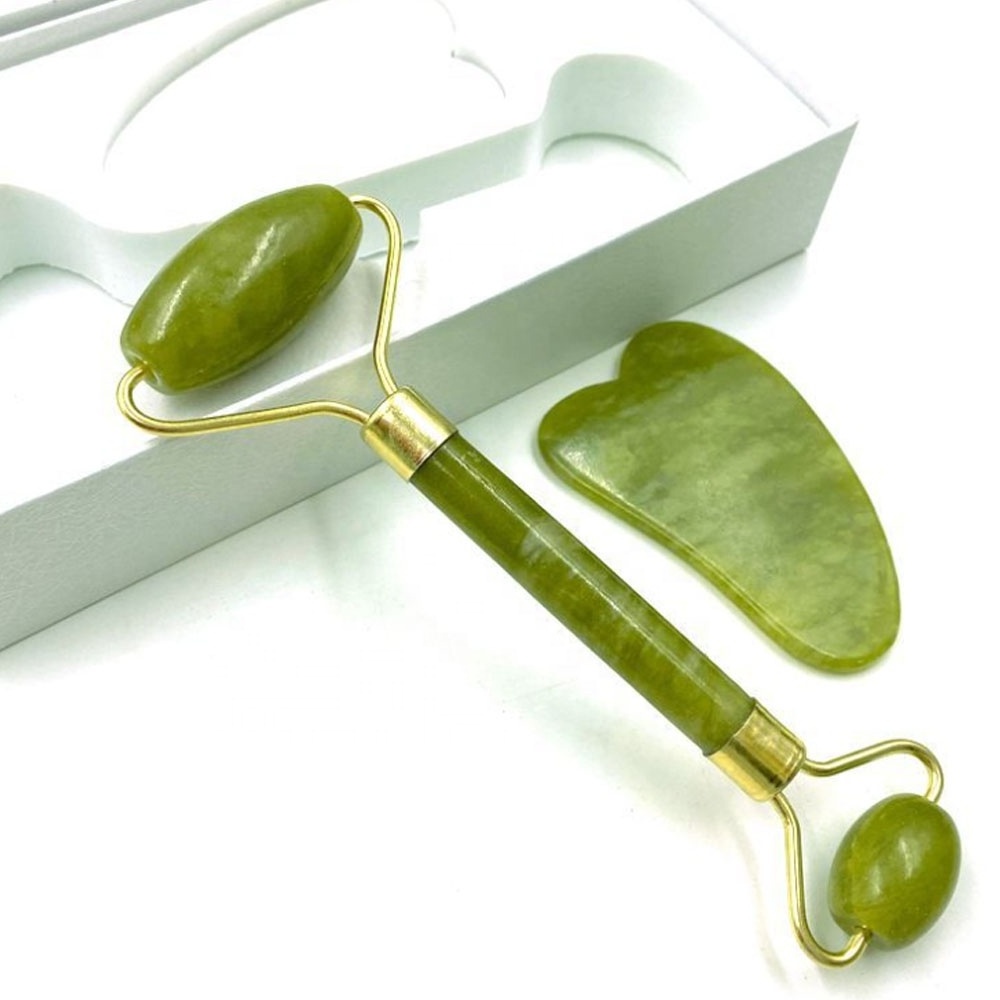 Private Label 100% Natural Organic Rosehip oil + Jade Facial Massage Roller Gua Sha Set for Face