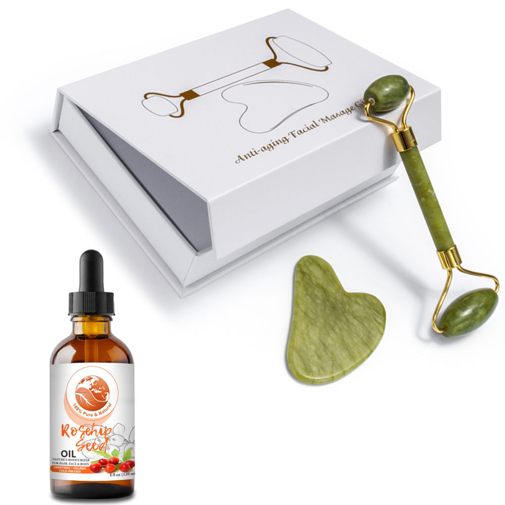 Private Label 100% Natural Organic Rosehip oil + Jade Facial Massage Roller Gua Sha Set for Face