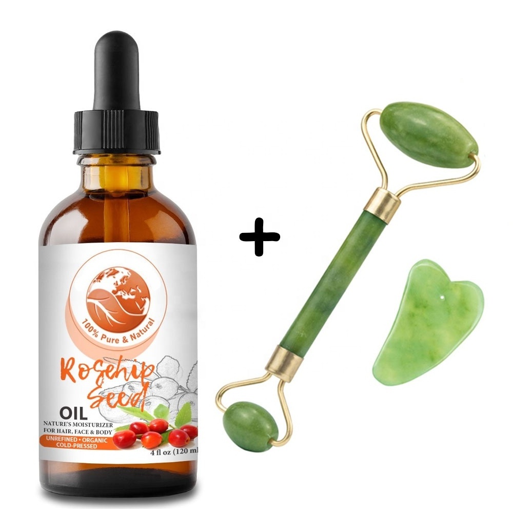 Private Label 100% Natural Organic Rosehip oil + Jade Facial Massage Roller Gua Sha Set for Face