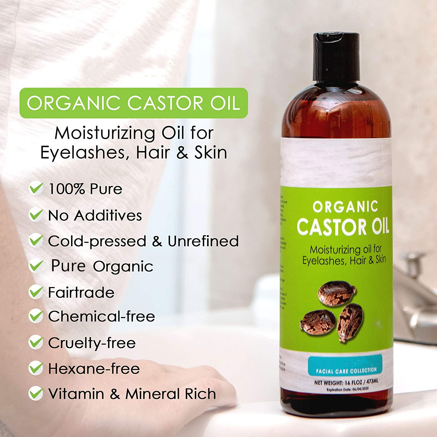 OEM Private label 100% pure Organic Black Castor oil 16oz 473ml BULK for hair and eyelashes growth