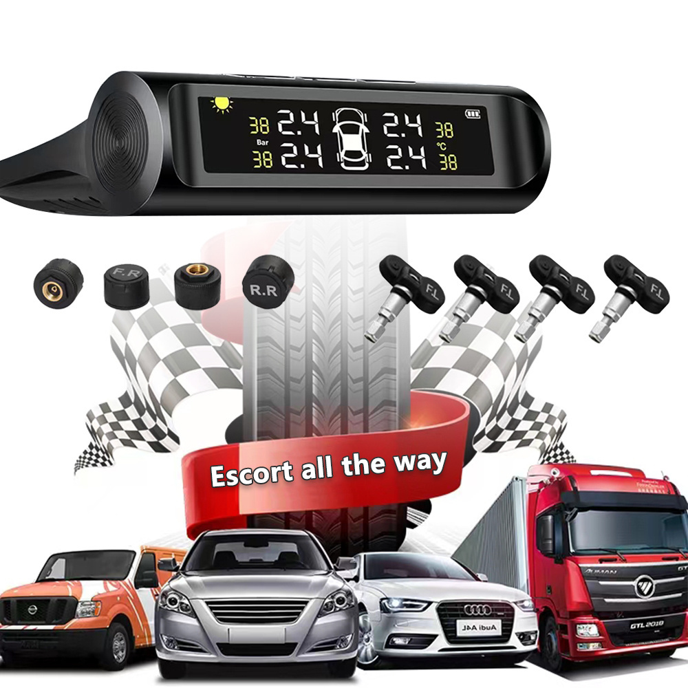 Universal Car Tpms Tire Pressure Monitoring Temperature Tpms Sensor 4 External Internal Sensors Wireless Lcd Solar Charging