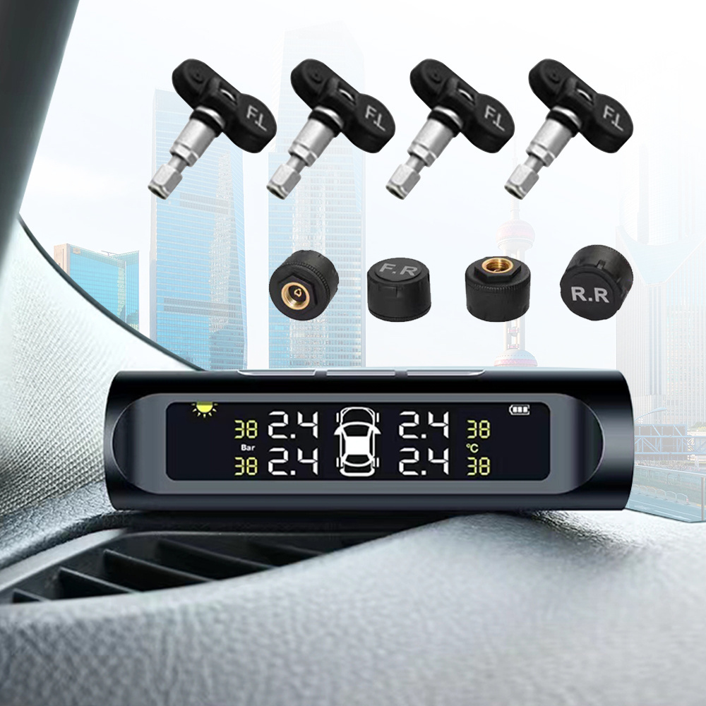 Universal Car Tpms Tire Pressure Monitoring Temperature Tpms Sensor 4 External Internal Sensors Wireless Lcd Solar Charging