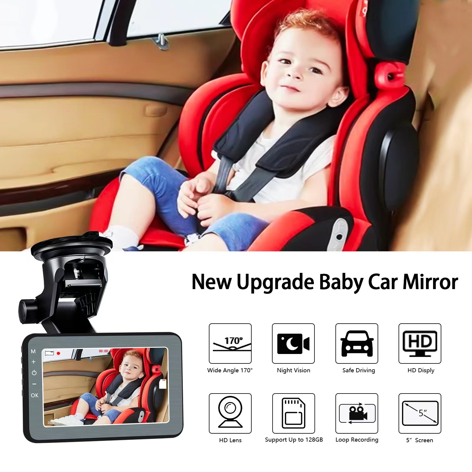 Amazon Hot Selling 2023 5inch Car Baby Mirror Monitor Back Seat Baby Car Camera Monitoring Video for Viewing Baby