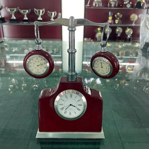 Vintage Scale Type Wooden Desk Table Clock With Thermometer and Hygrometer